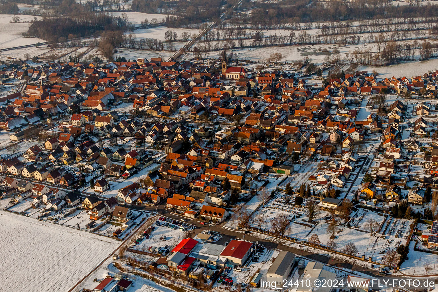 Winter snow covered village view in Steinweiler in the state Rhineland-Palatinate, Germany