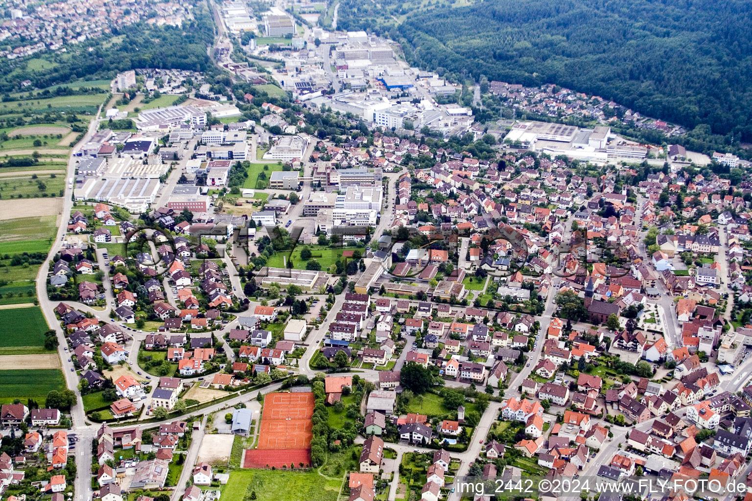 Aerial photograpy of Town View of the streets and houses of the residential areas in Birkenfeld in the state Baden-Wurttemberg