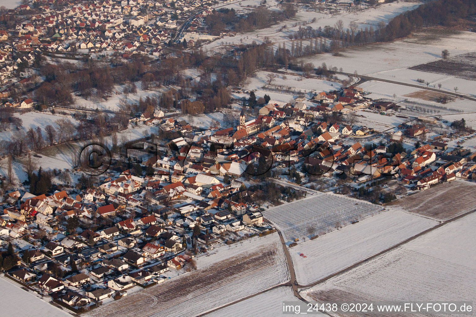 District Mühlhofen in Billigheim-Ingenheim in the state Rhineland-Palatinate, Germany from above