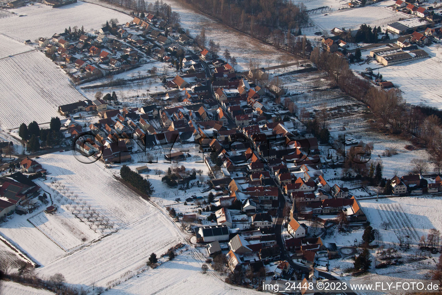 Aerial view of In winter in the district Klingen in Heuchelheim-Klingen in the state Rhineland-Palatinate, Germany