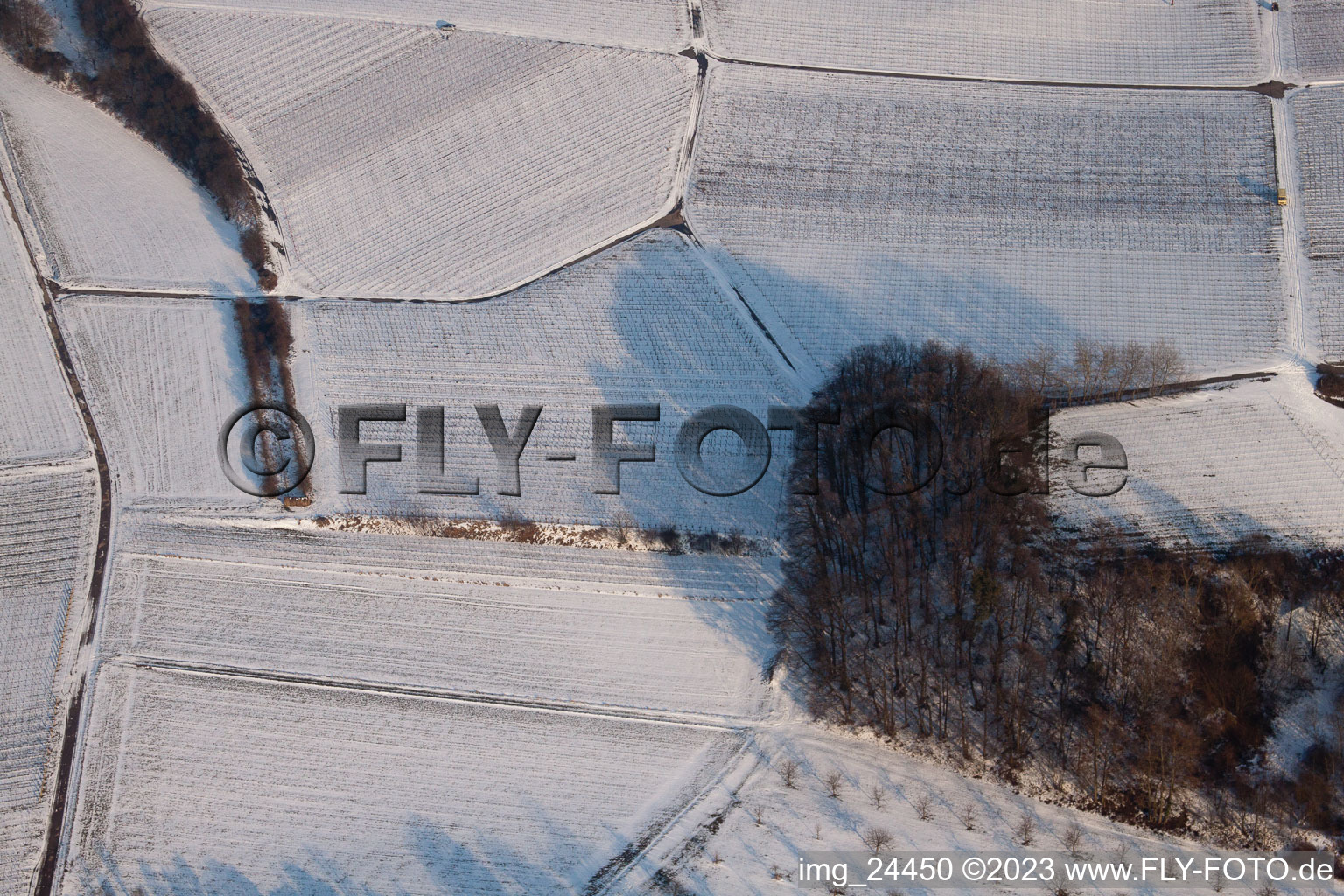 Aerial photograpy of In winter in the district Klingen in Heuchelheim-Klingen in the state Rhineland-Palatinate, Germany