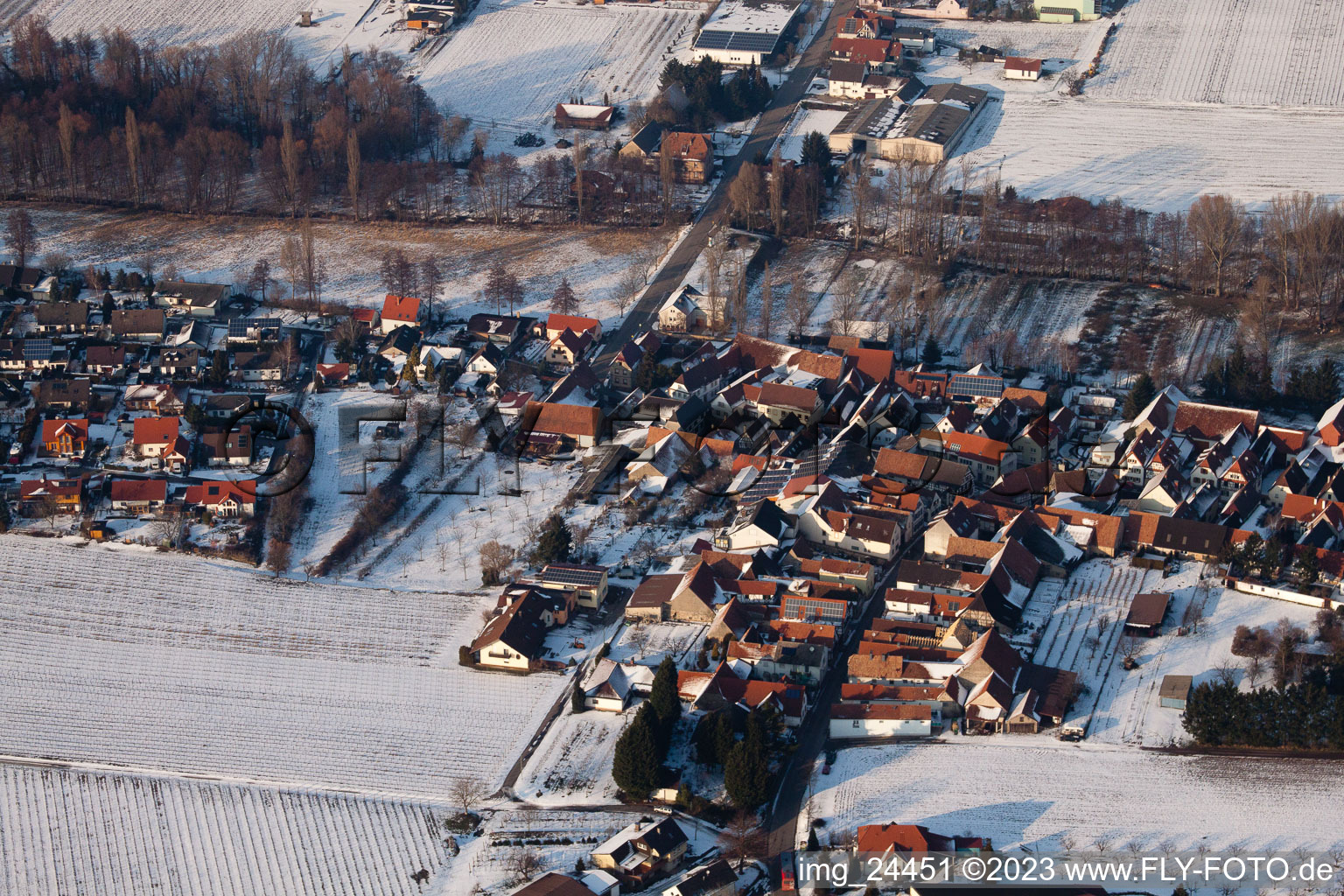 Oblique view of In winter in the district Klingen in Heuchelheim-Klingen in the state Rhineland-Palatinate, Germany