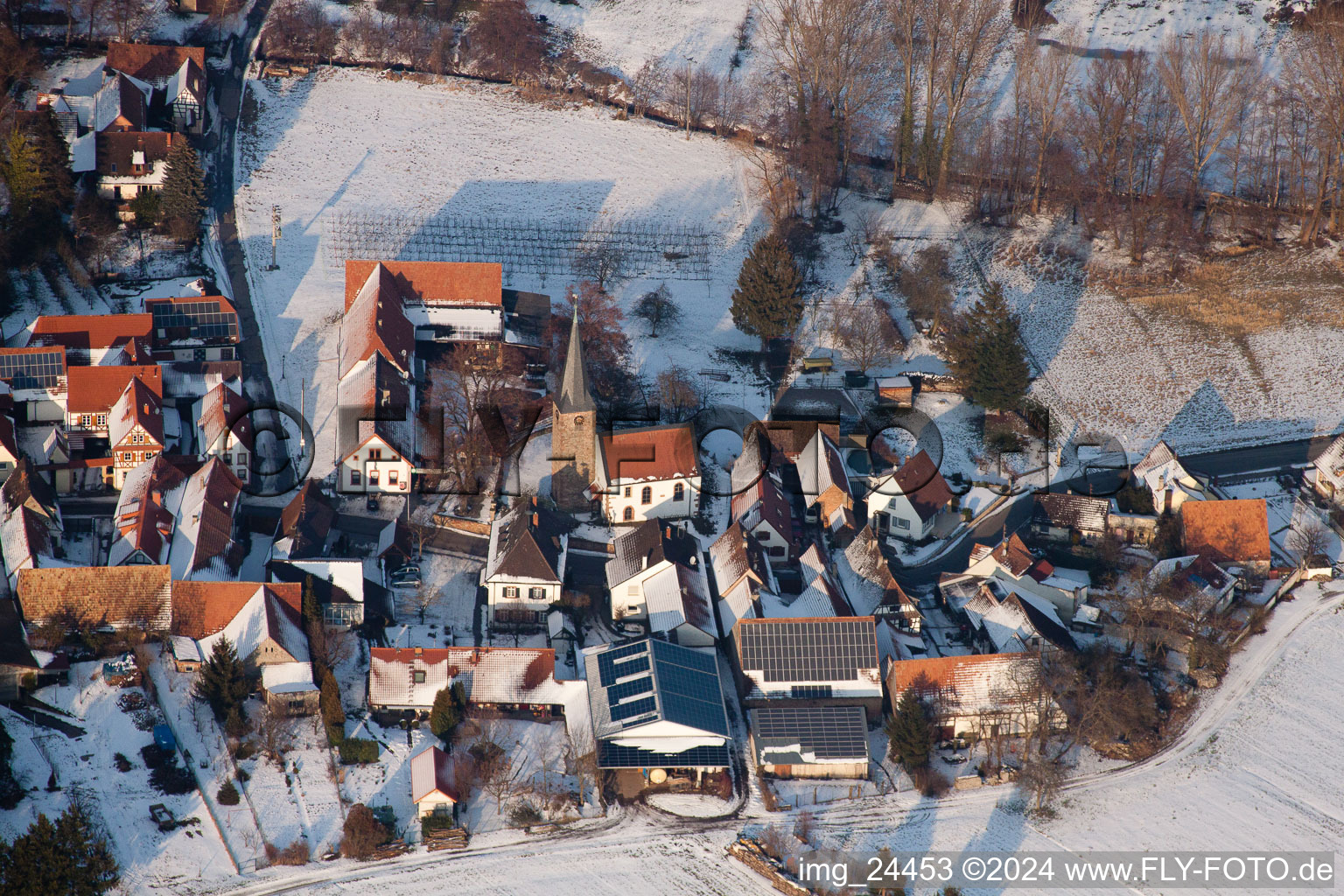 Church in winter in the district Klingen in Heuchelheim-Klingen in the state Rhineland-Palatinate, Germany