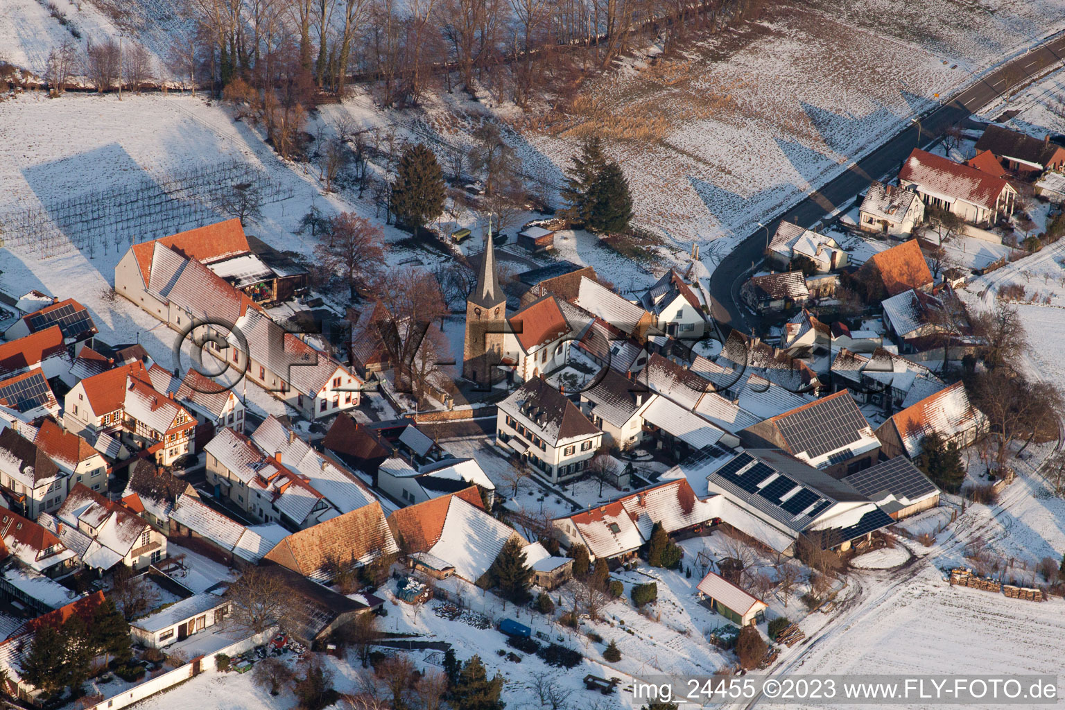 Aerial view of Church in winter in the district Klingen in Heuchelheim-Klingen in the state Rhineland-Palatinate, Germany