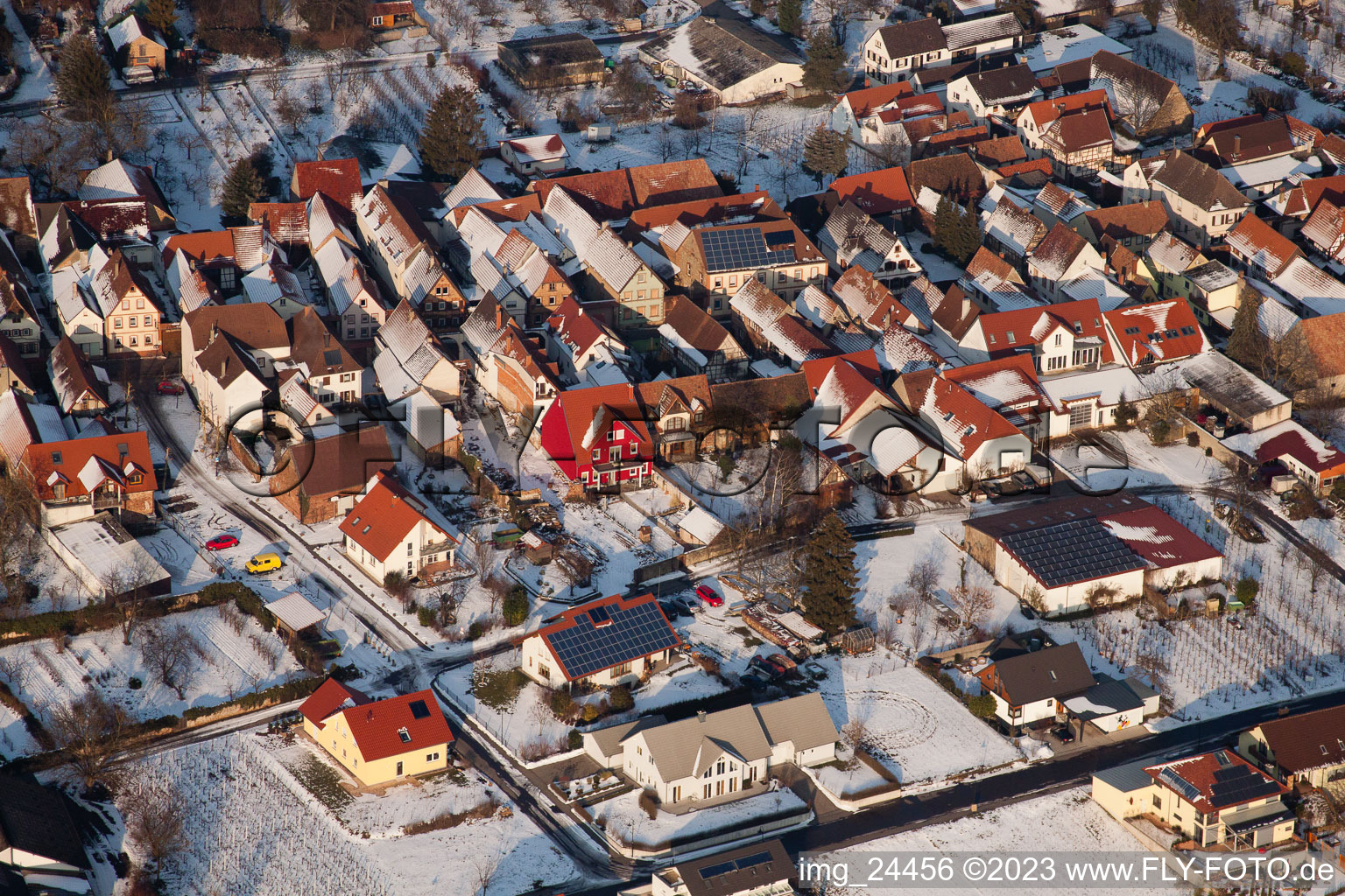 Aerial view of In winter in the district Heuchelheim in Heuchelheim-Klingen in the state Rhineland-Palatinate, Germany