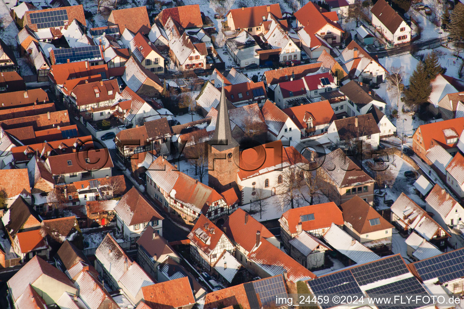 Church in winter in the district Heuchelheim in Heuchelheim-Klingen in the state Rhineland-Palatinate, Germany