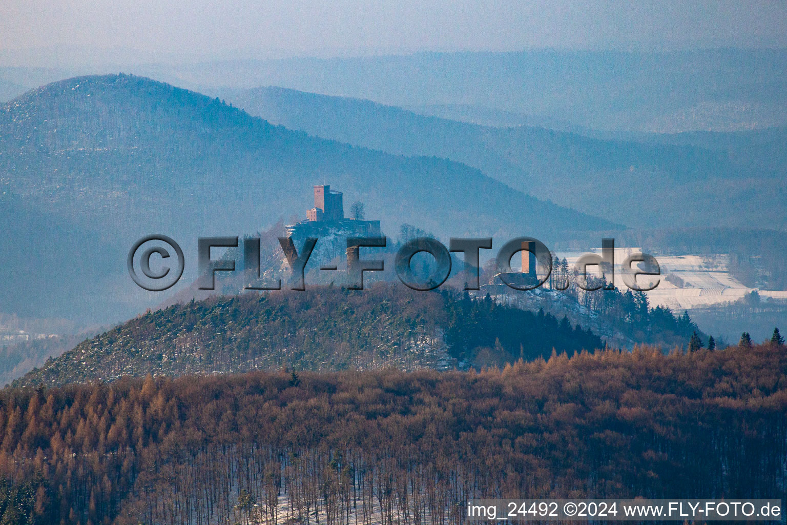 Trifels from the south in winter in Annweiler am Trifels in the state Rhineland-Palatinate, Germany