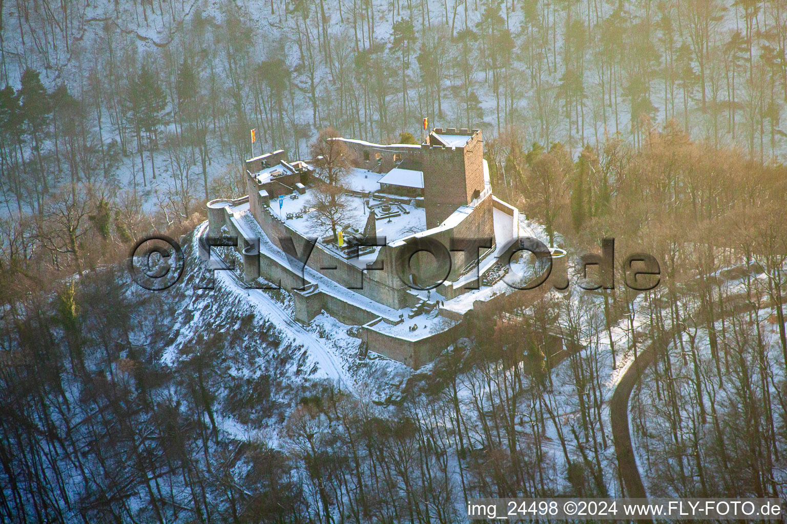 Aerial view of Landeck ruins in Klingenmünster in the state Rhineland-Palatinate, Germany
