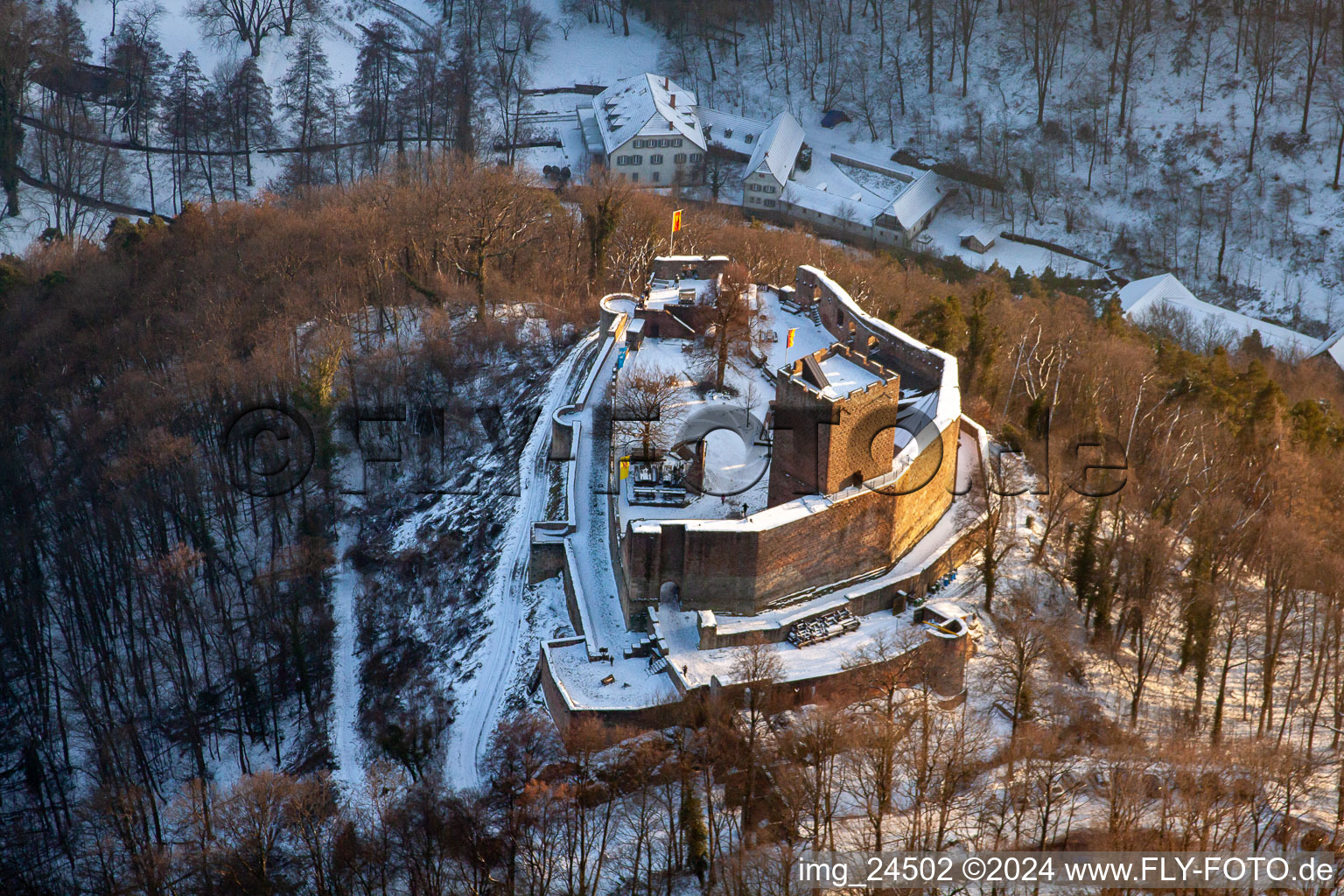 Landeck ruins in Klingenmünster in the state Rhineland-Palatinate, Germany from above