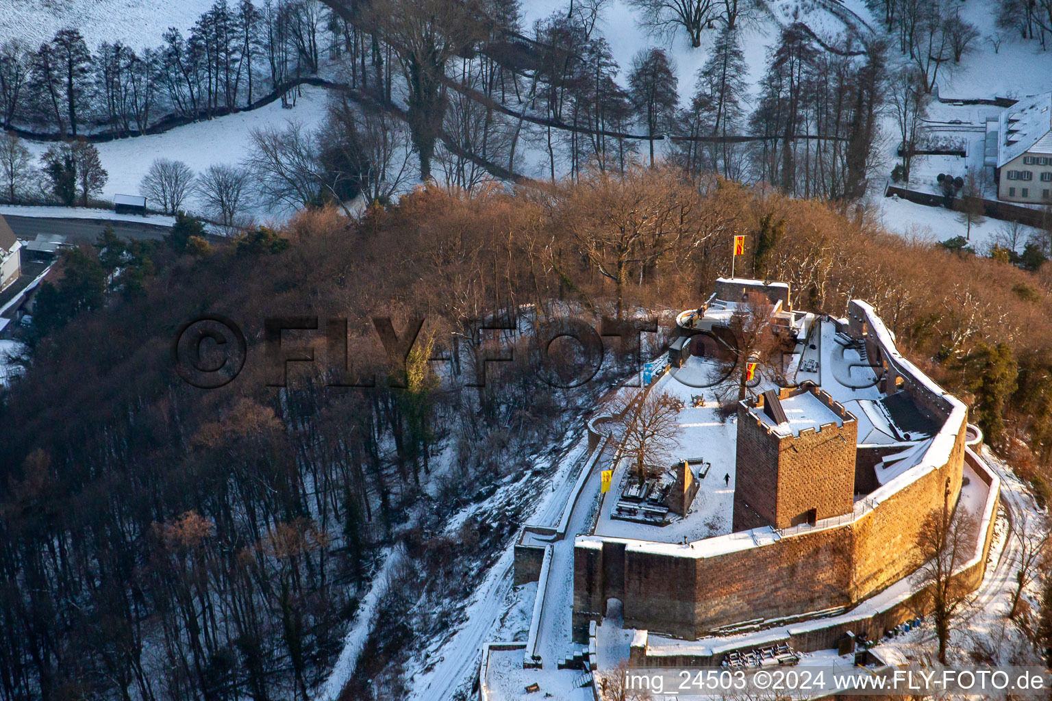 Landeck Ruins in Klingenmünster in the state Rhineland-Palatinate, Germany out of the air