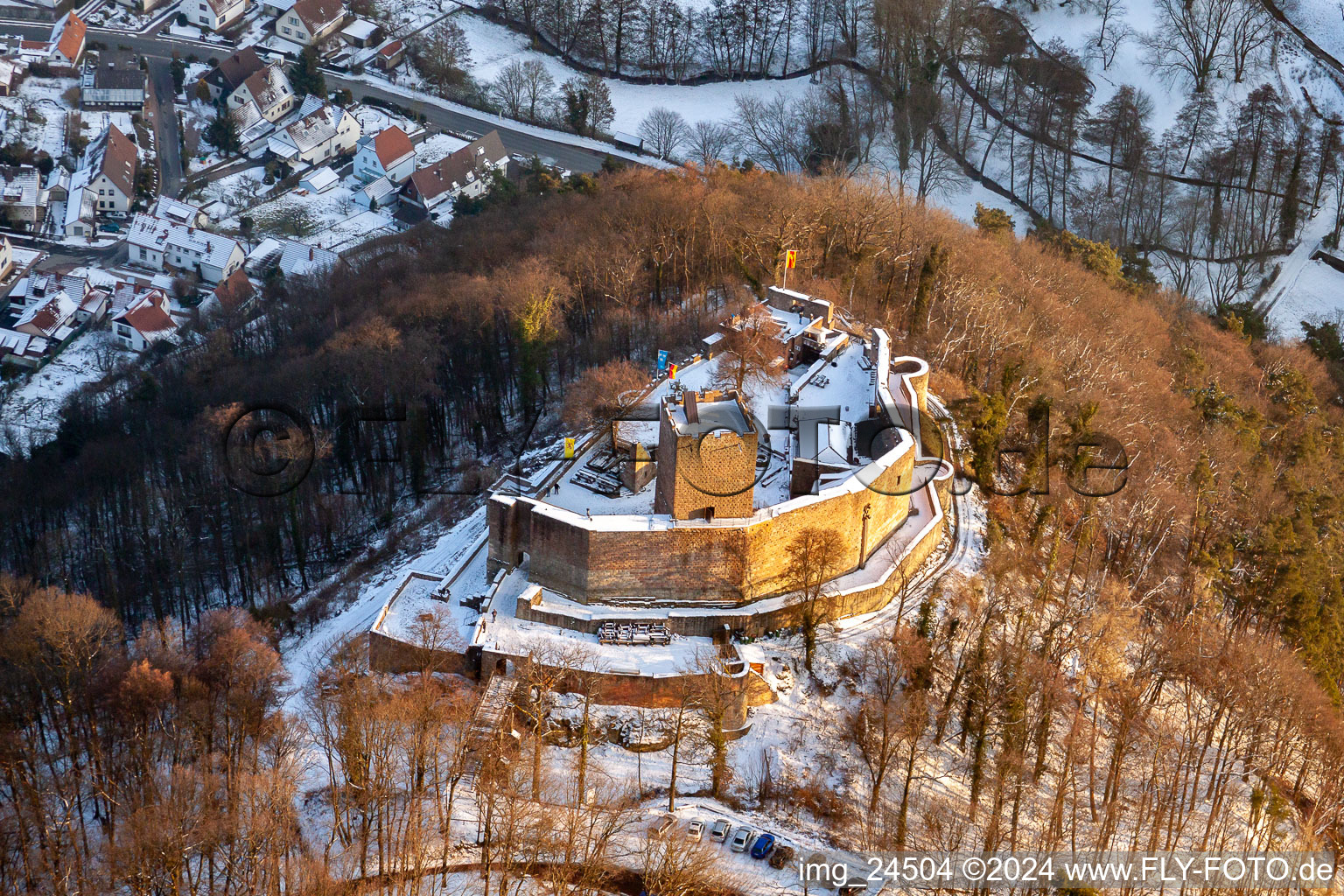 Landeck ruins in Klingenmünster in the state Rhineland-Palatinate, Germany seen from above