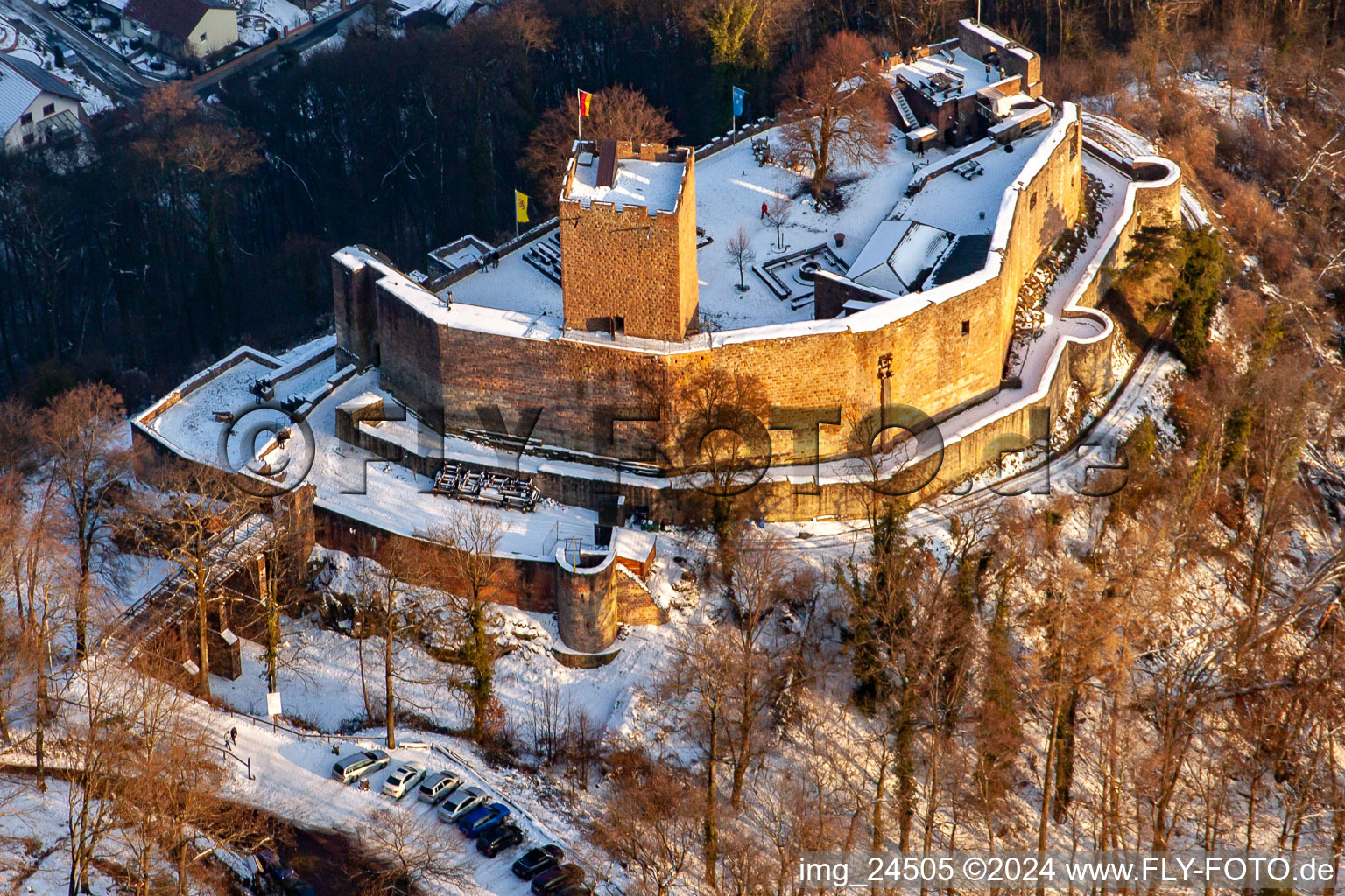 Landeck ruins in Klingenmünster in the state Rhineland-Palatinate, Germany from the plane