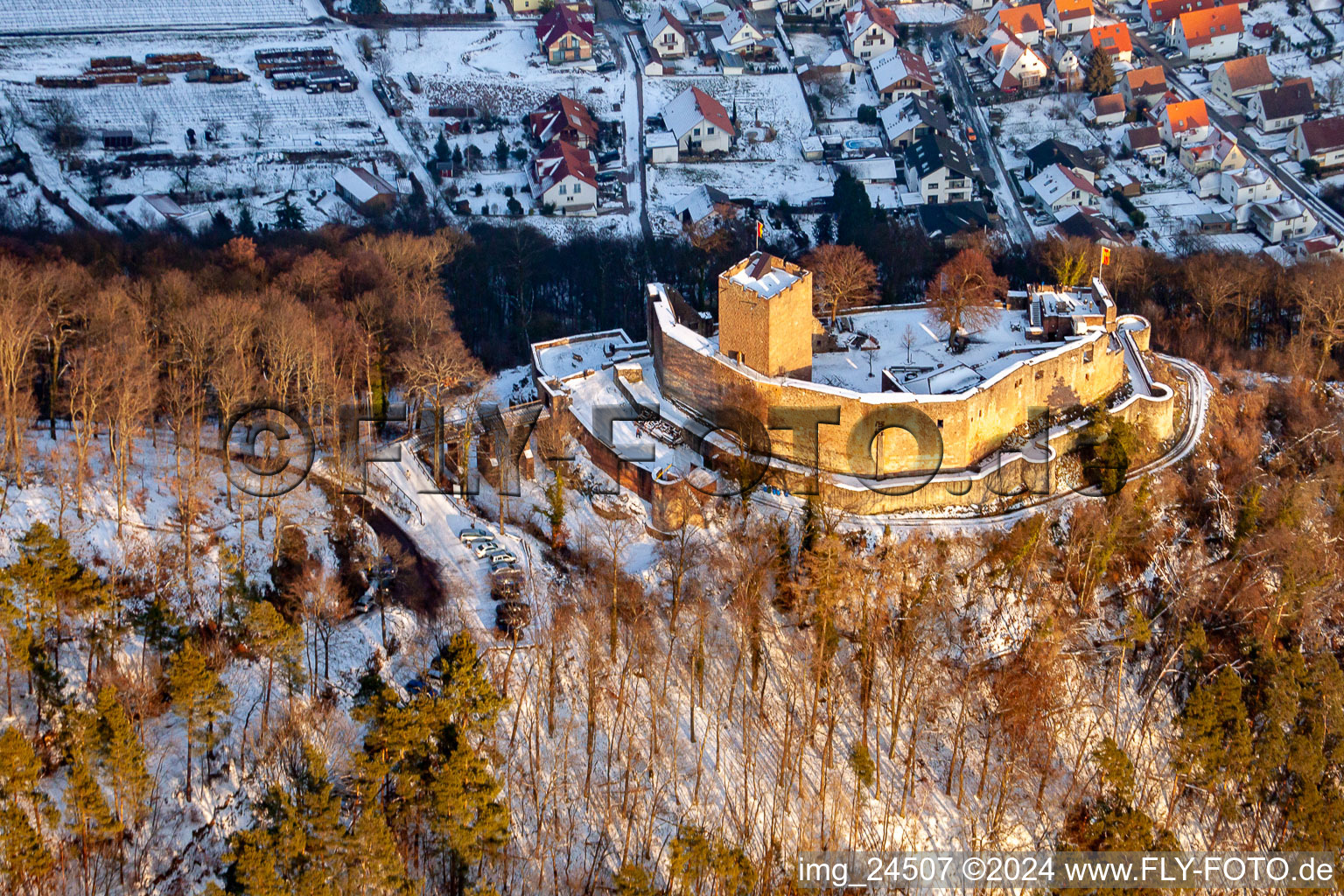 Landeck Ruins in Klingenmünster in the state Rhineland-Palatinate, Germany viewn from the air