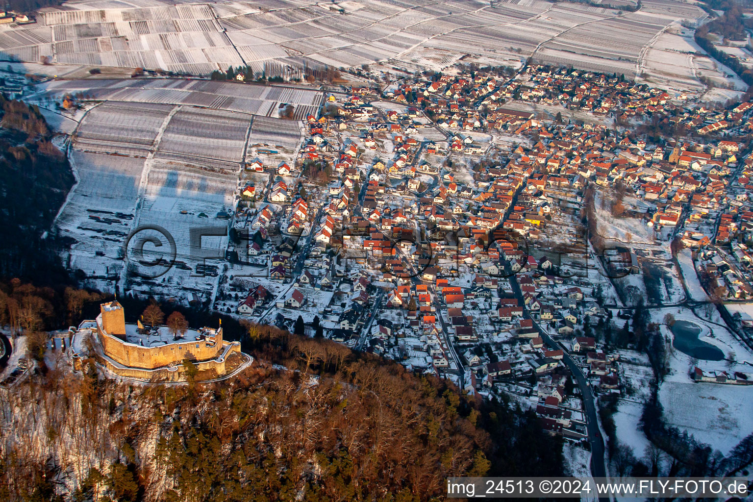 Landeck Ruins in Klingenmünster in the state Rhineland-Palatinate, Germany from a drone