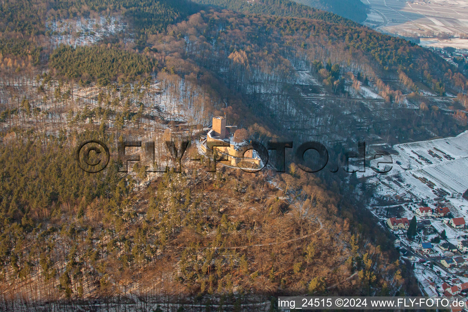 Landeck ruins in Klingenmünster in the state Rhineland-Palatinate, Germany seen from a drone