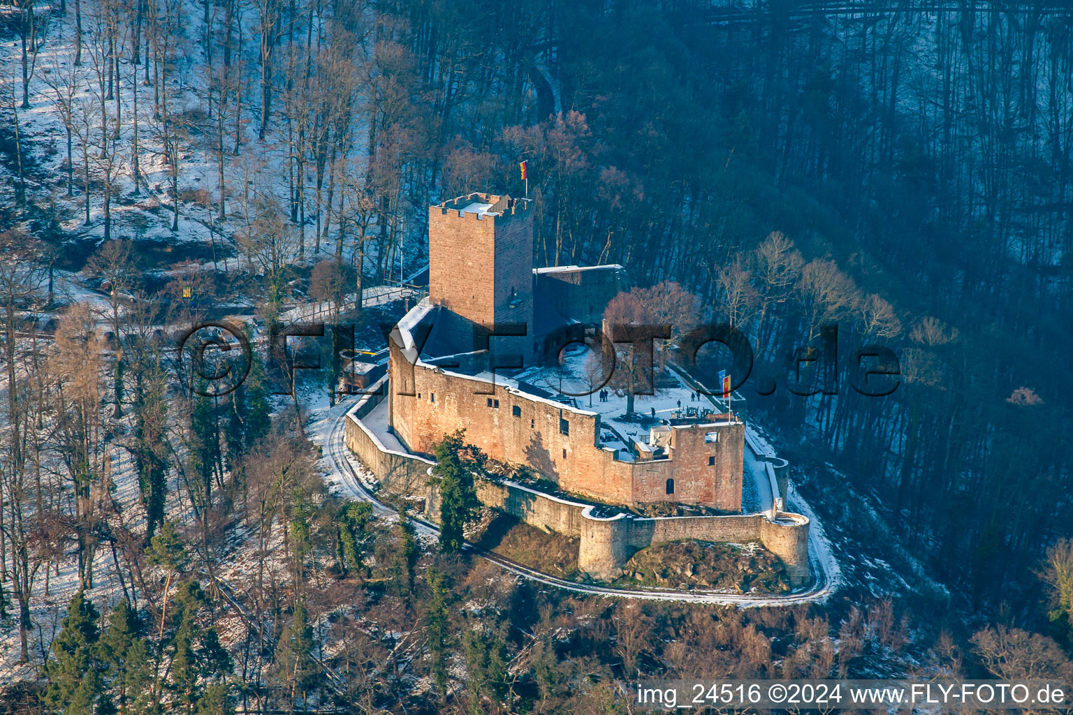 Wintry snowy ruins and vestiges of the former castle Landeck in Klingenmuenster in the state Rhineland-Palatinate during Winter