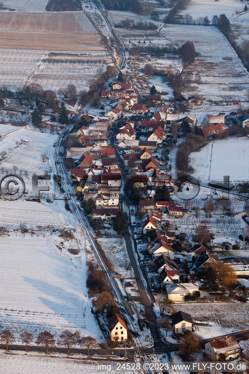 Aerial photograpy of In winter in the district Drusweiler in Kapellen-Drusweiler in the state Rhineland-Palatinate, Germany