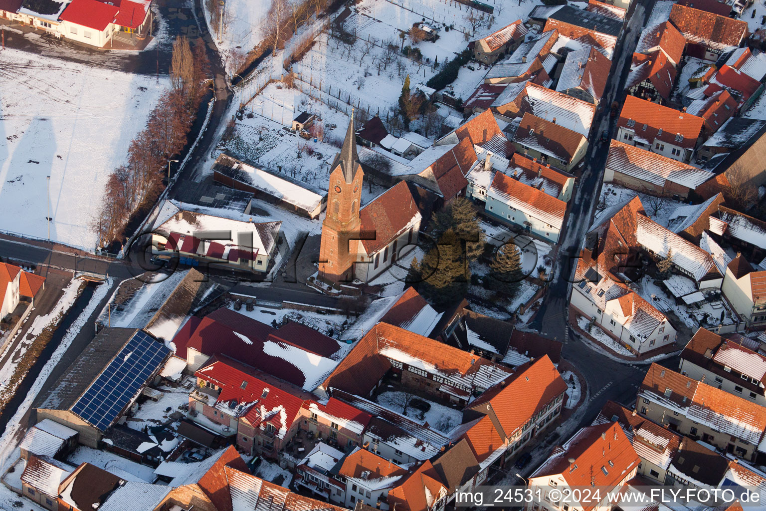 Aerial view of Church in winter in the district Drusweiler in Kapellen-Drusweiler in the state Rhineland-Palatinate, Germany