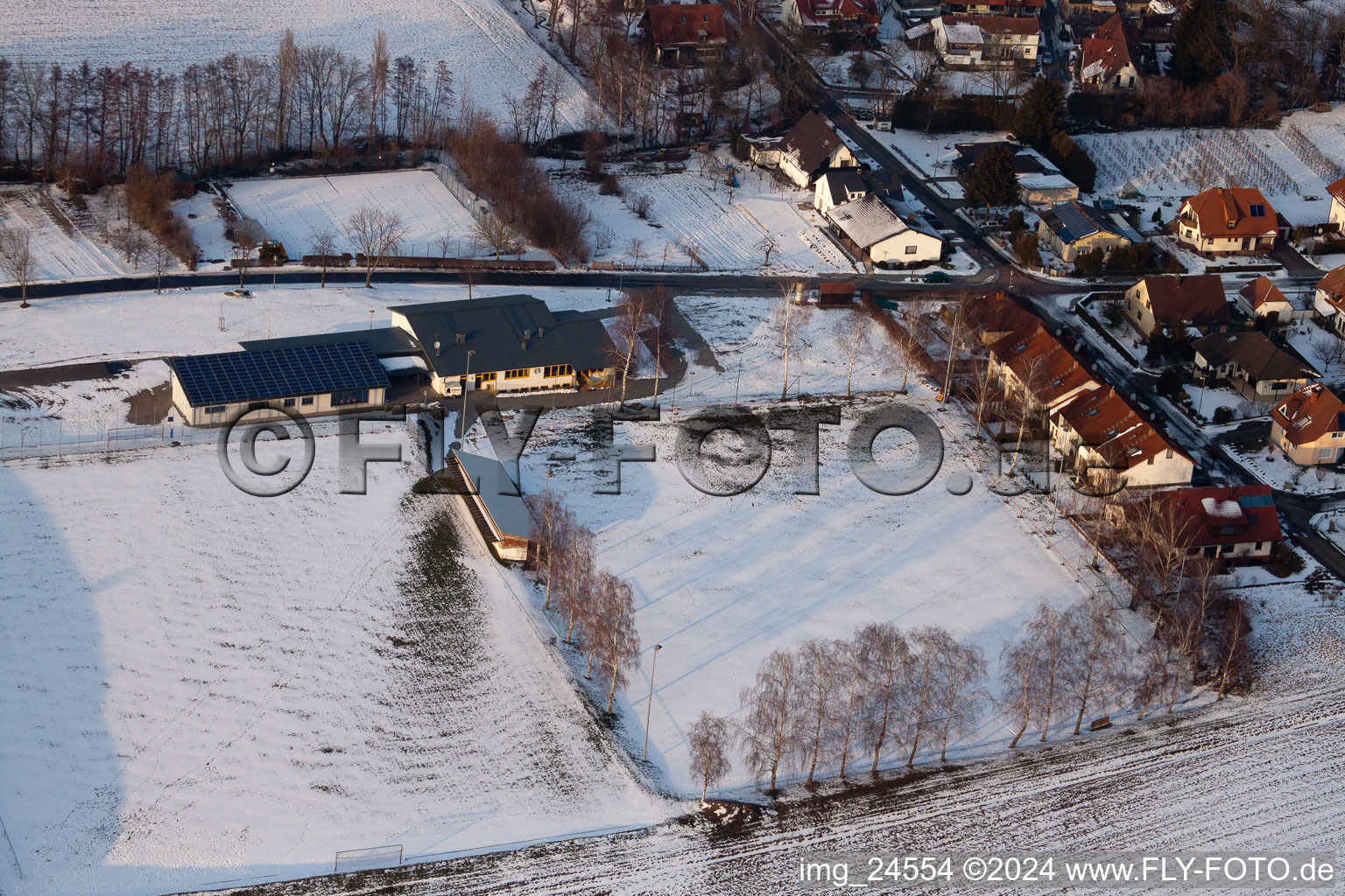 Oblique view of Sports field in Dierbach in the state Rhineland-Palatinate, Germany