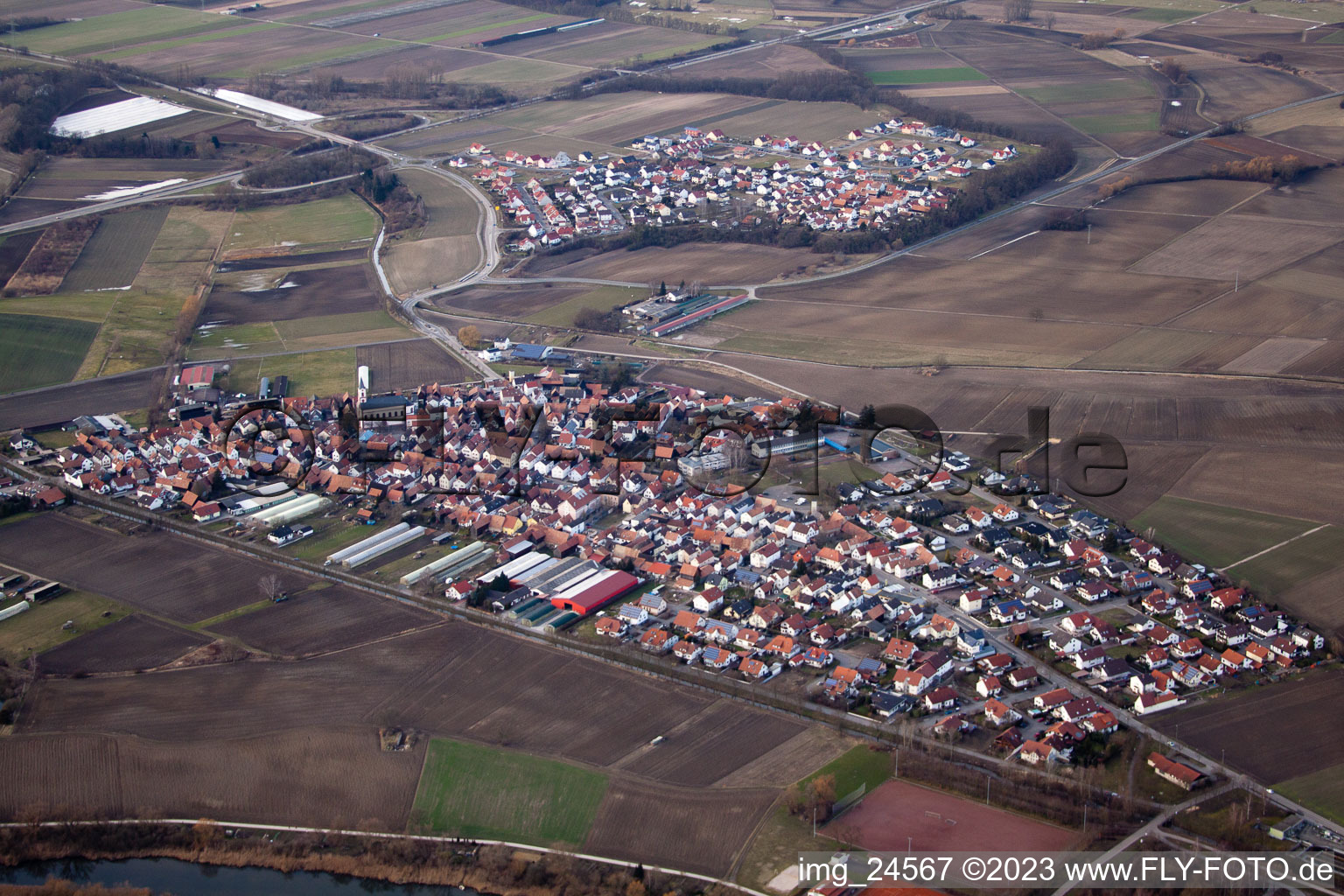Aerial view of From the southeast in Neupotz in the state Rhineland-Palatinate, Germany