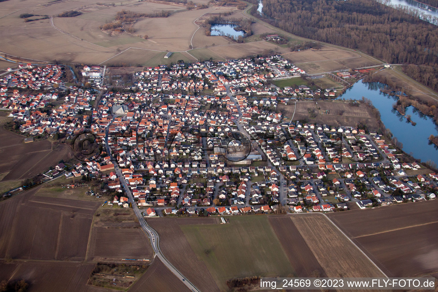 Aerial photograpy of From the southwest in Leimersheim in the state Rhineland-Palatinate, Germany