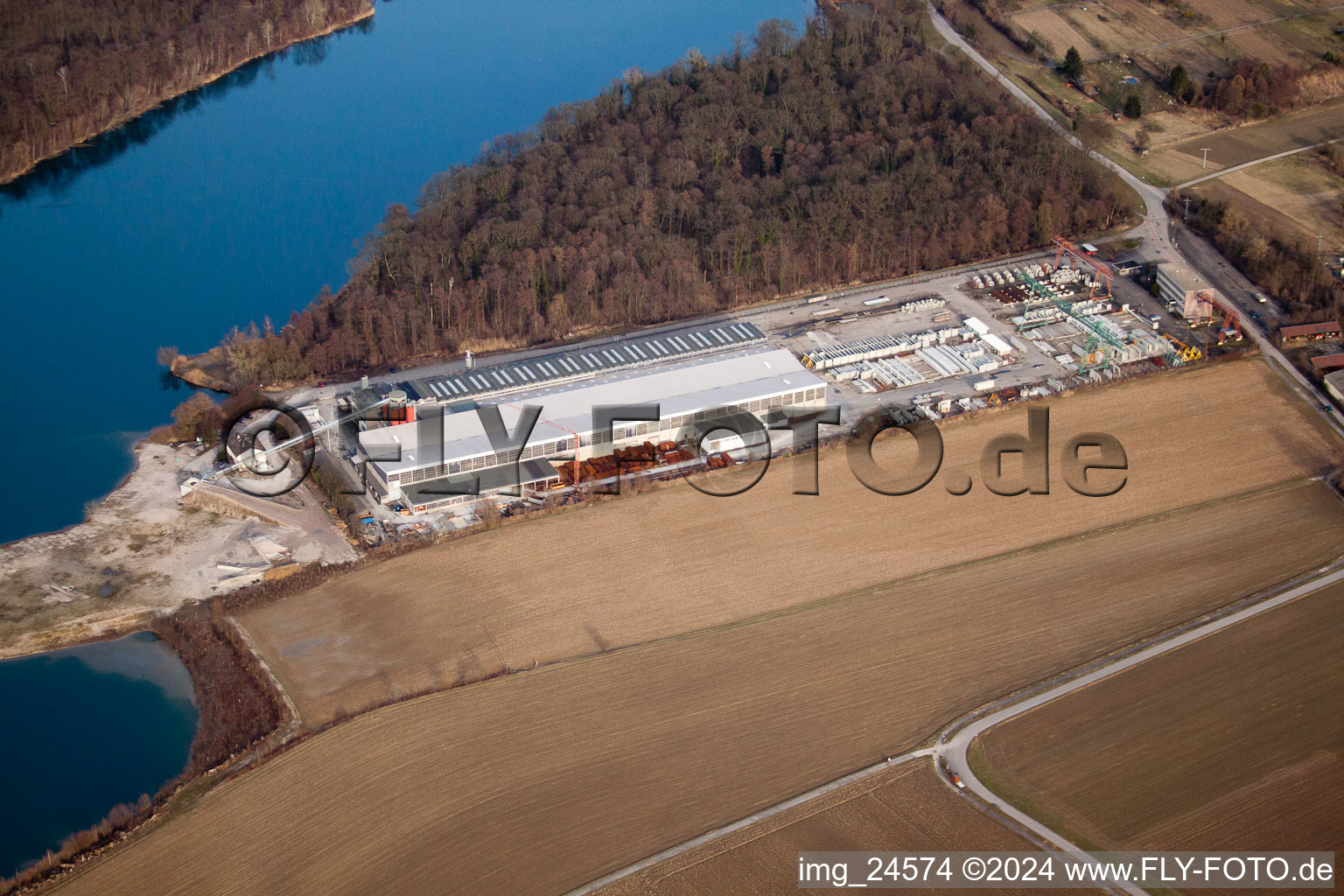 Aerial view of Schlangenlach commercial area in Linkenheim-Hochstetten in the state Baden-Wuerttemberg, Germany