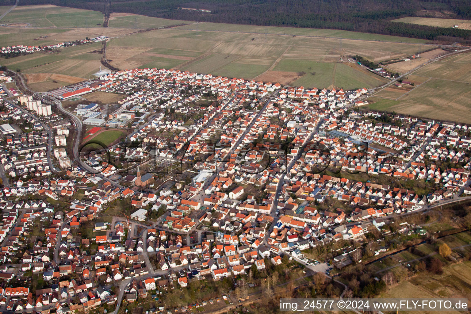 Aerial photograpy of District Linkenheim in Linkenheim-Hochstetten in the state Baden-Wuerttemberg, Germany