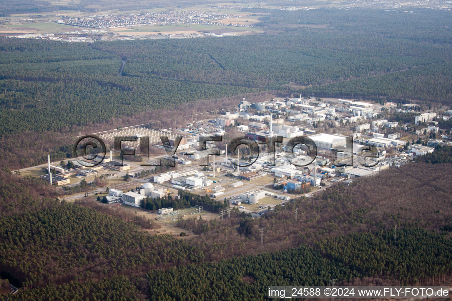 Aerial view of KIT Research Center in the district Leopoldshafen in Eggenstein-Leopoldshafen in the state Baden-Wuerttemberg, Germany