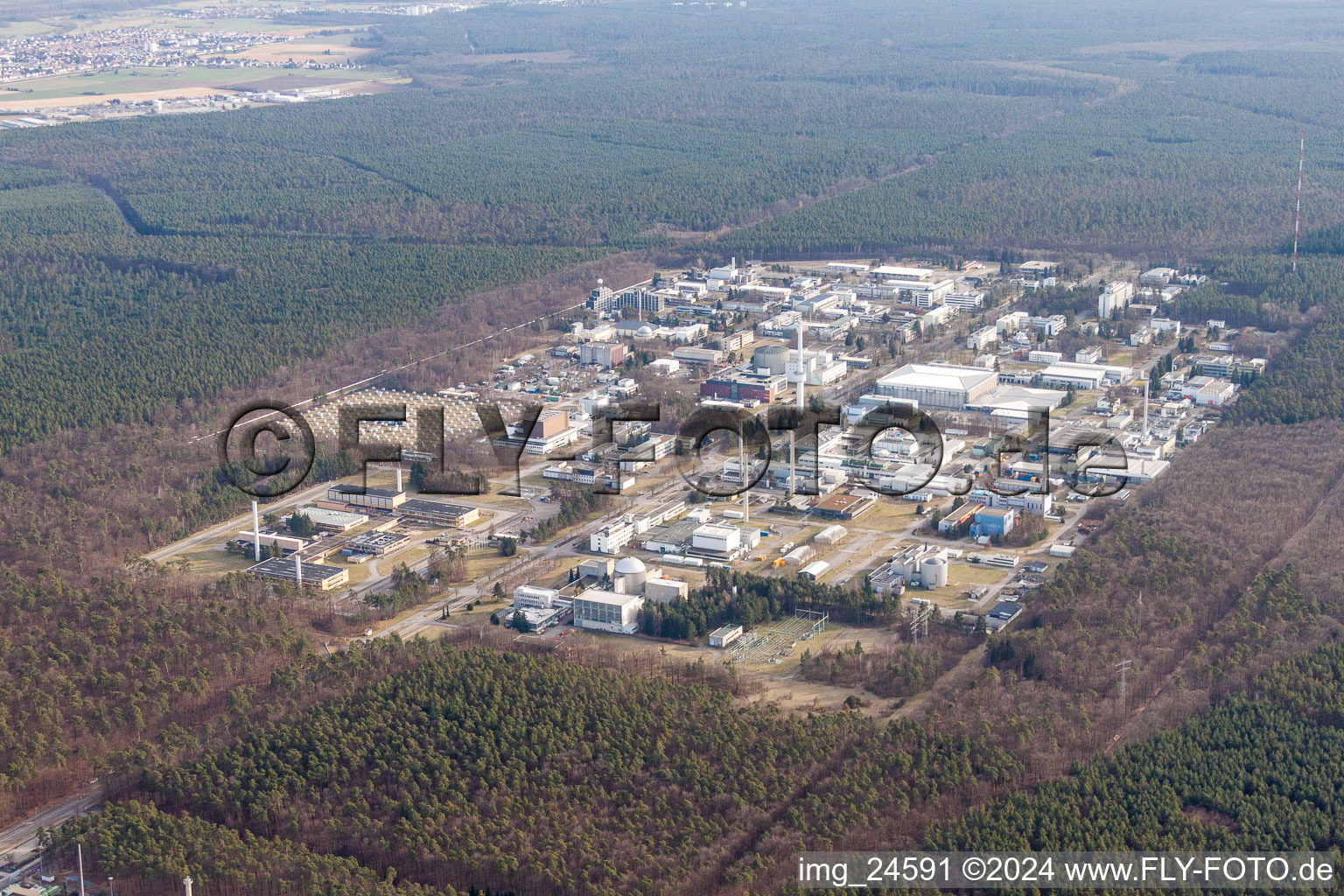 Campus building of the university KIT - Campus Nord (former Nuclear research centre Karlsruhe) in the district Leopoldshafen in Eggenstein-Leopoldshafen in the state Baden-Wurttemberg, Germany from the plane