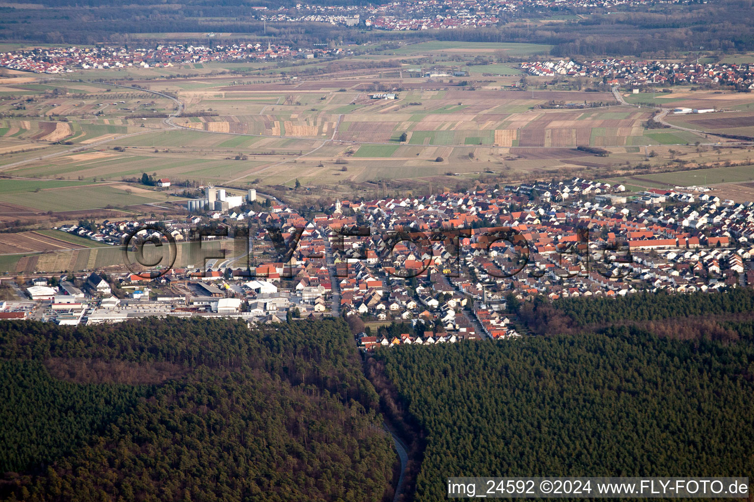 Aerial view of Town View of the streets and houses of the residential areas in the district Friedrichstal in Stutensee in the state Baden-Wurttemberg