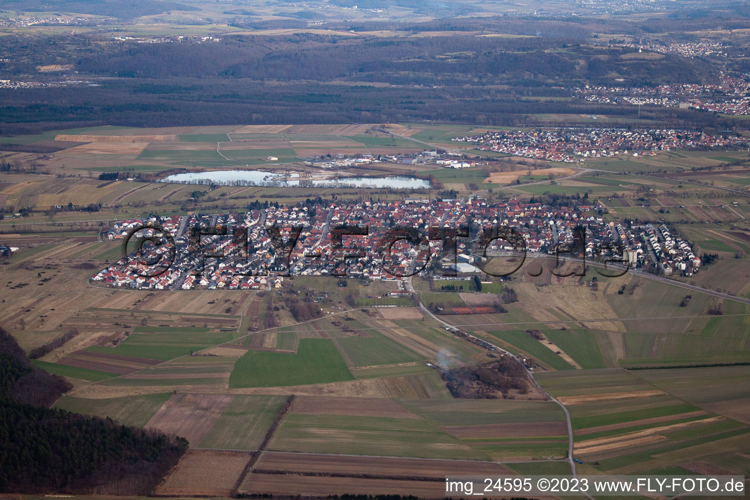 Oblique view of District Spöck in Stutensee in the state Baden-Wuerttemberg, Germany