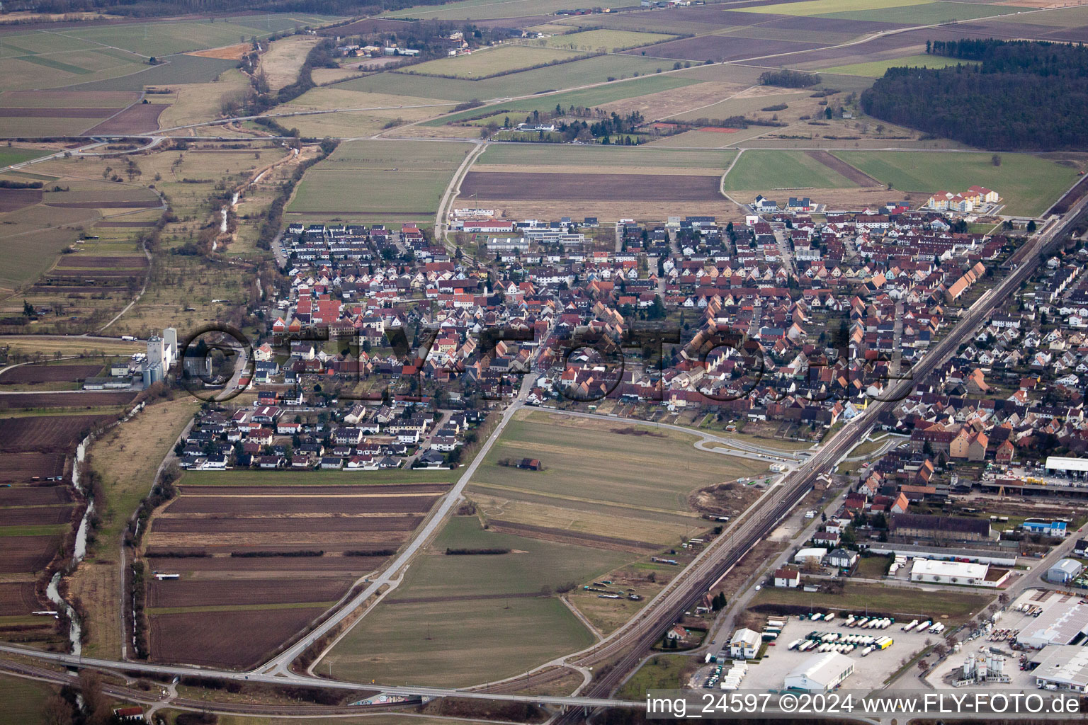 From the north in the district Friedrichstal in Stutensee in the state Baden-Wuerttemberg, Germany