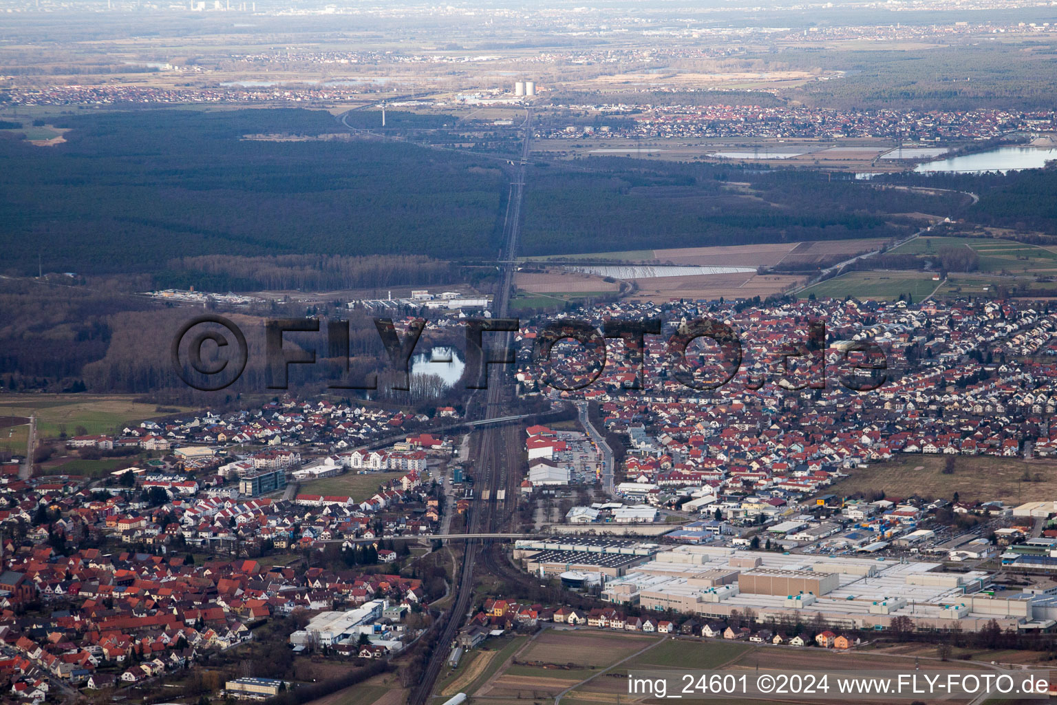 Aerial view of Town View of the streets and houses of the residential areas in Graben-Neudorf in the state Baden-Wurttemberg