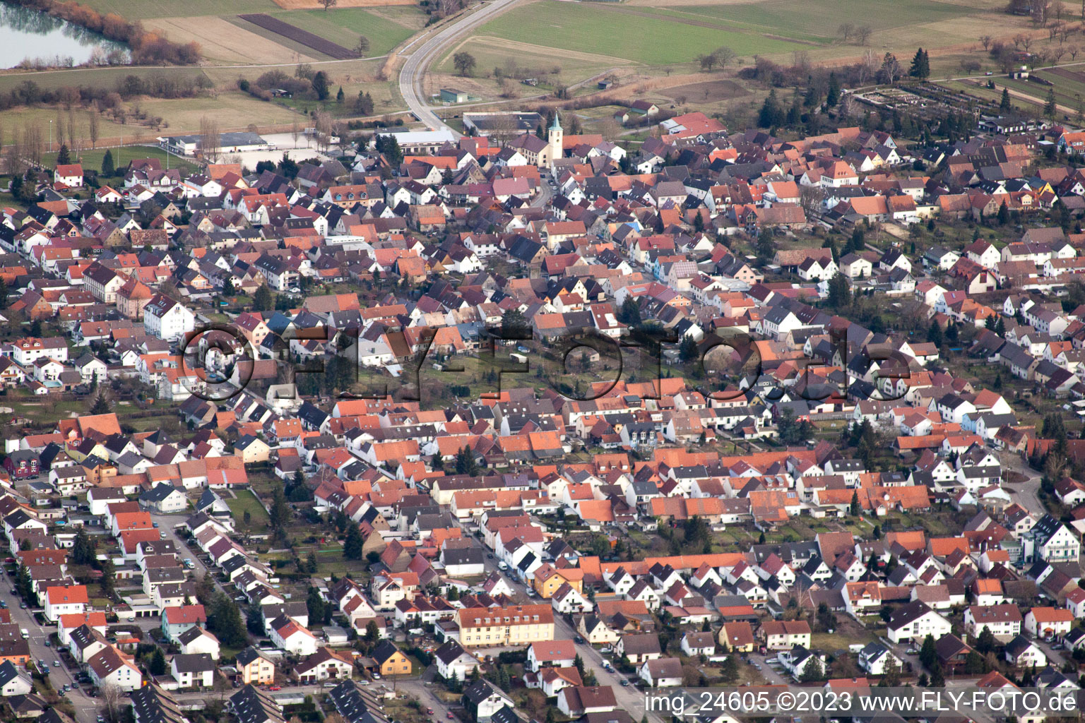 Aerial view of From the west in the district Spöck in Stutensee in the state Baden-Wuerttemberg, Germany