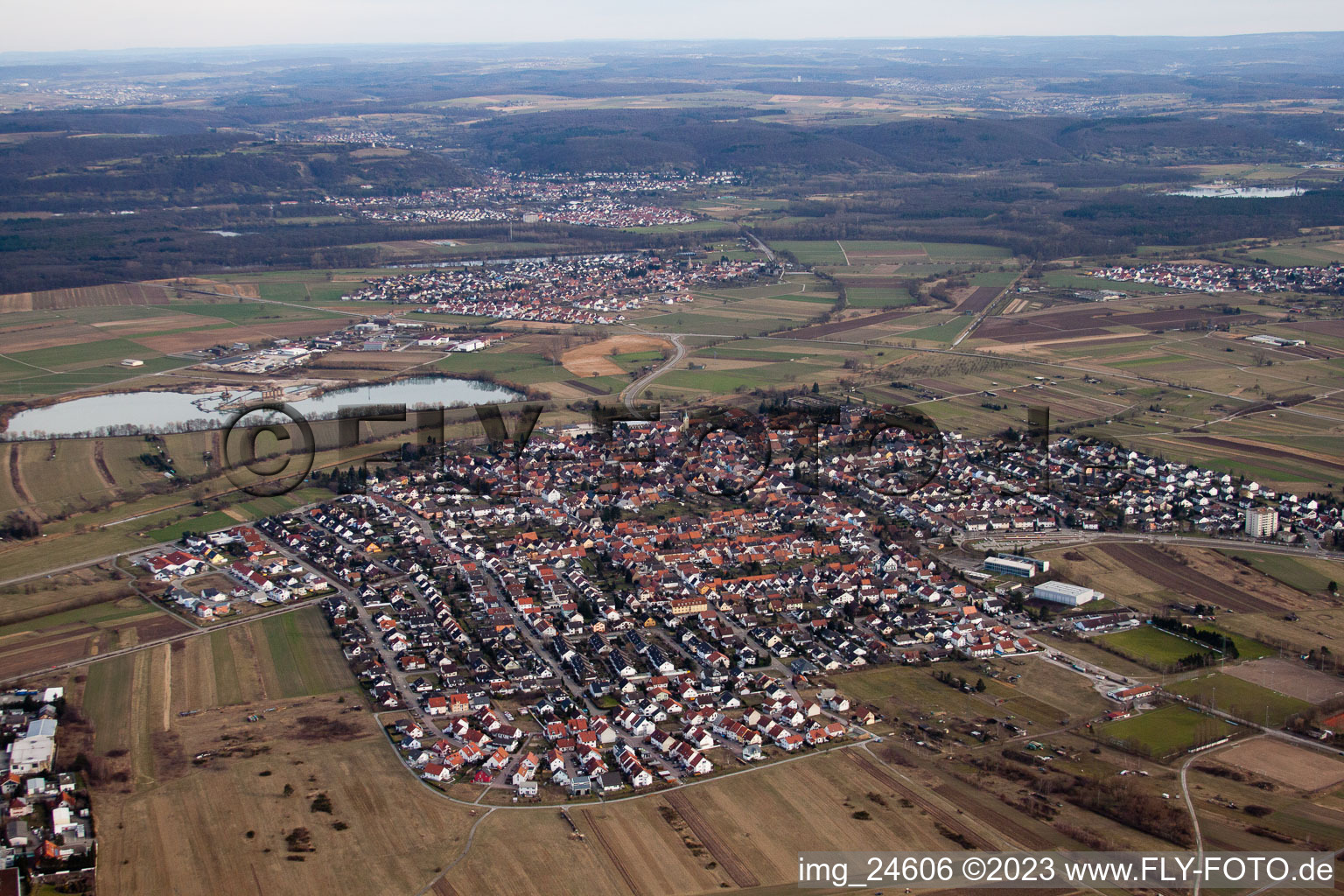Aerial photograpy of From the west in the district Spöck in Stutensee in the state Baden-Wuerttemberg, Germany