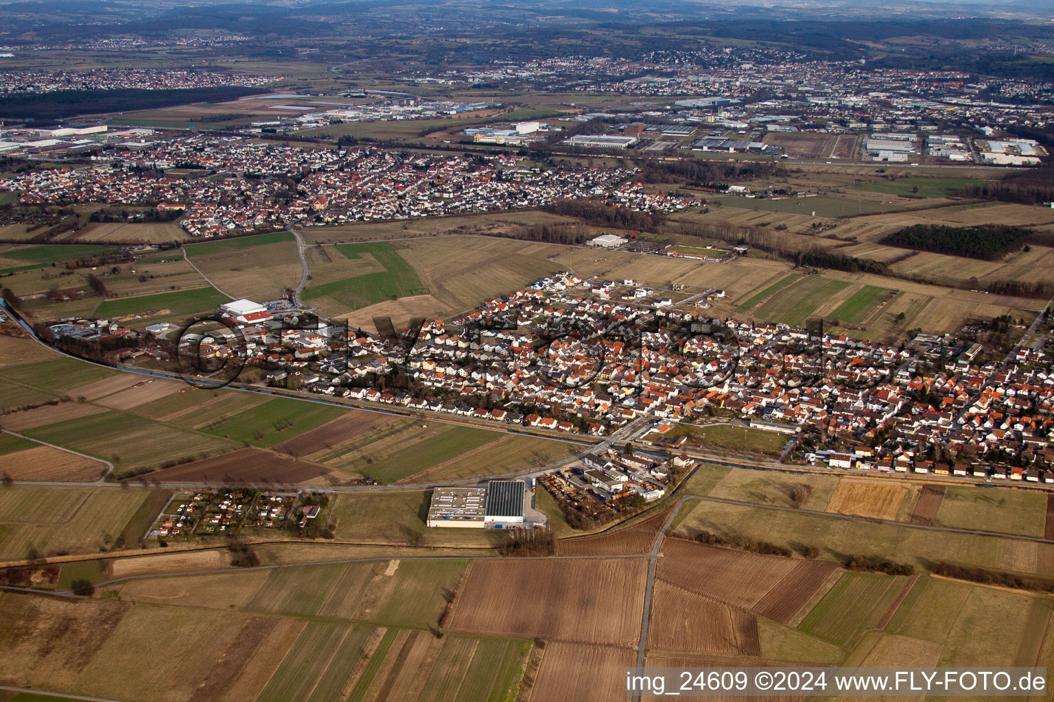 District Spöck in Stutensee in the state Baden-Wuerttemberg, Germany from above