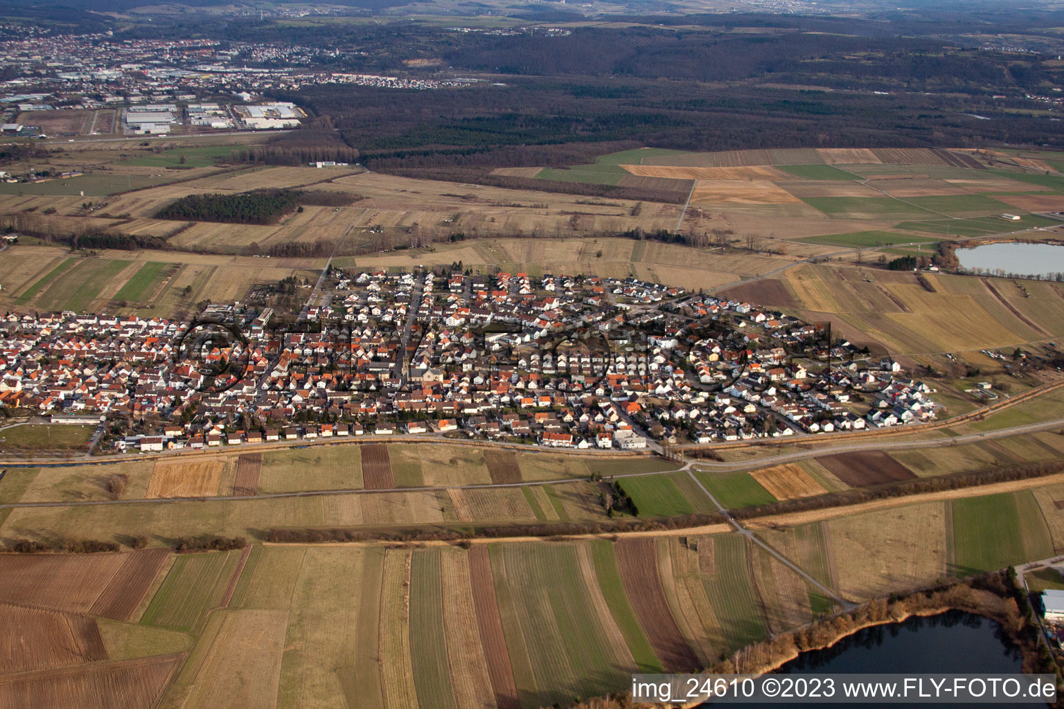 Bird's eye view of District Neuthard in Karlsdorf-Neuthard in the state Baden-Wuerttemberg, Germany