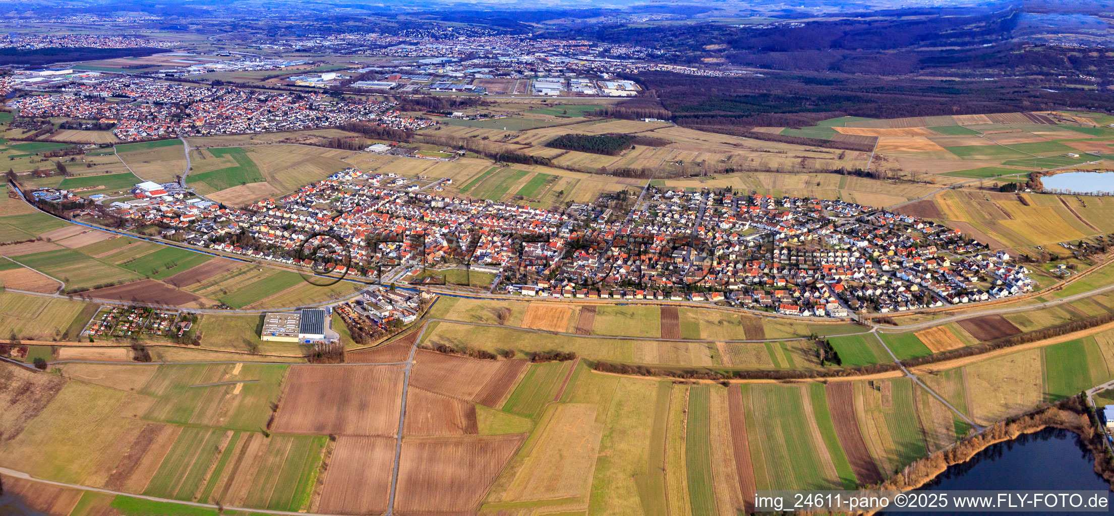 Panorama of the village from the west in the district Neuthard in Karlsdorf-Neuthard in the state Baden-Wuerttemberg, Germany