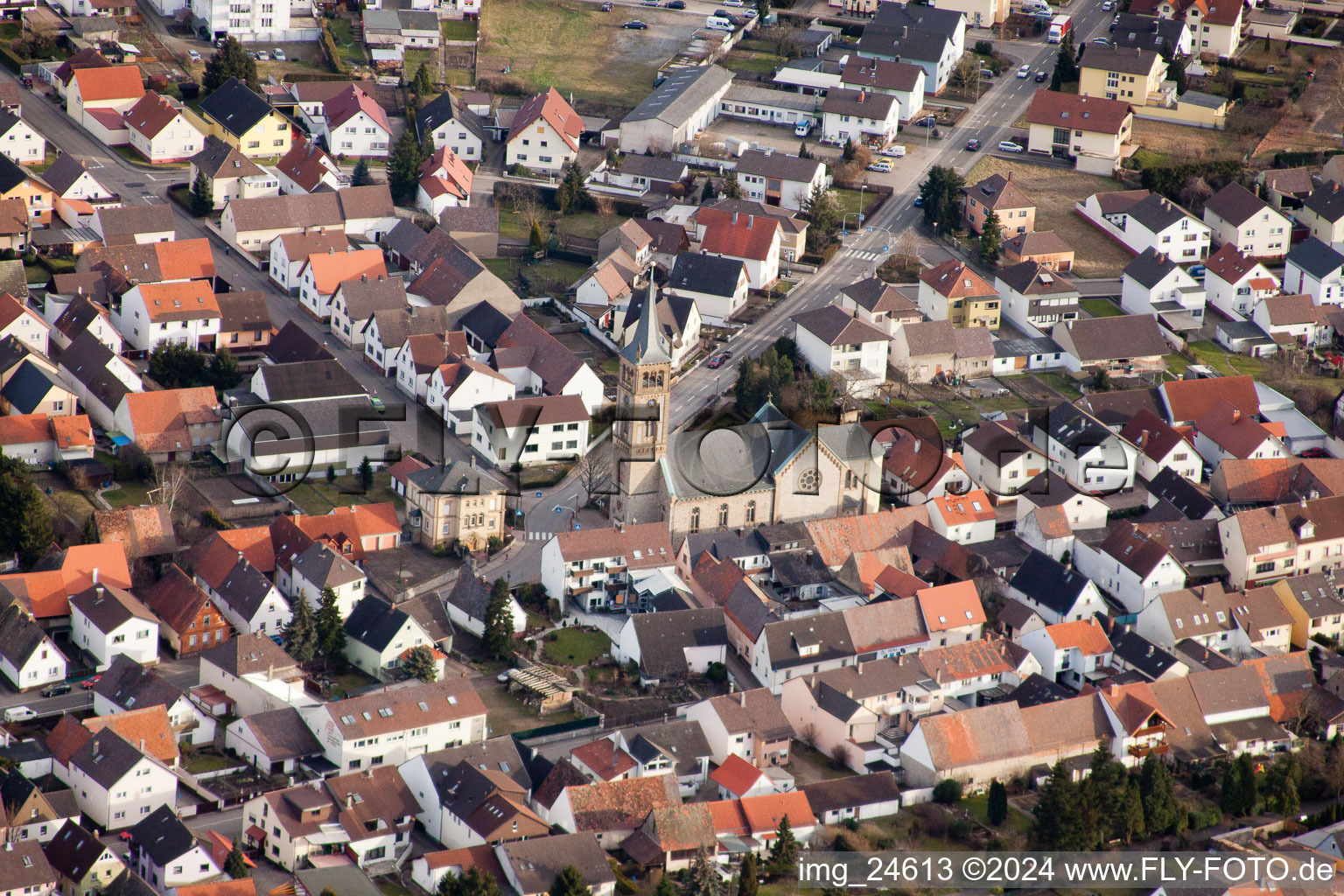 Aerial view of St. Sebastian in the district Neuthard in Karlsdorf-Neuthard in the state Baden-Wuerttemberg, Germany