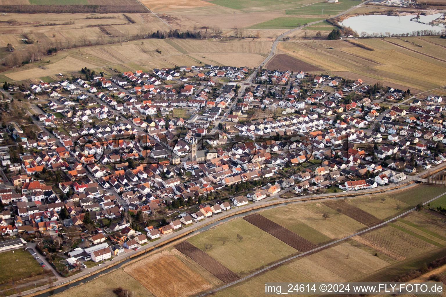 Drone recording of District Neuthard in Karlsdorf-Neuthard in the state Baden-Wuerttemberg, Germany