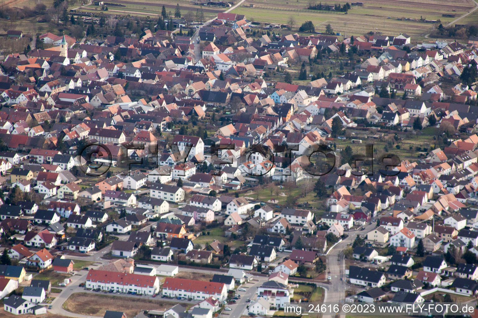 Drone image of District Neuthard in Karlsdorf-Neuthard in the state Baden-Wuerttemberg, Germany
