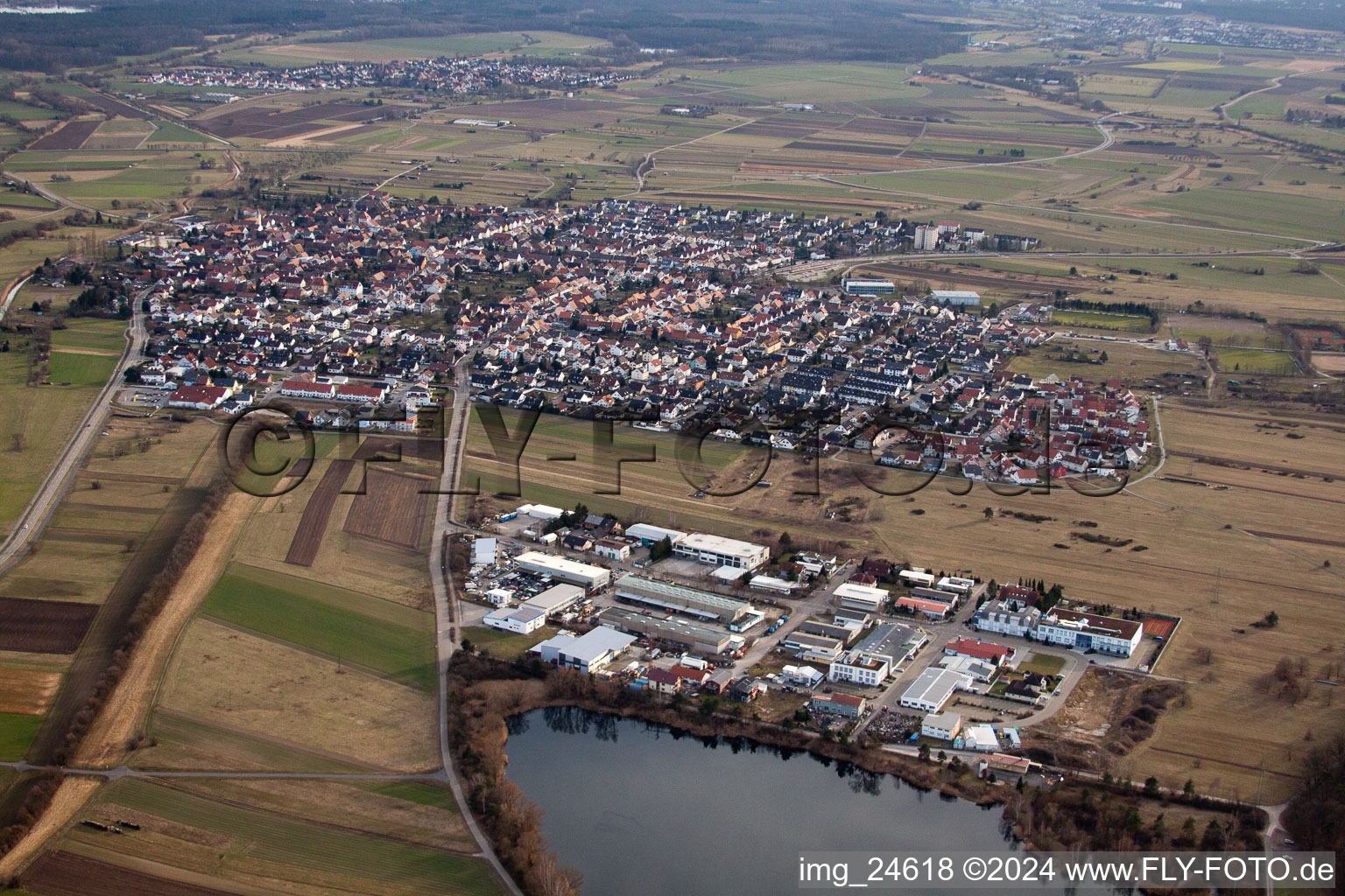 Aerial view of Spöck from the north in the district Neuthard in Karlsdorf-Neuthard in the state Baden-Wuerttemberg, Germany