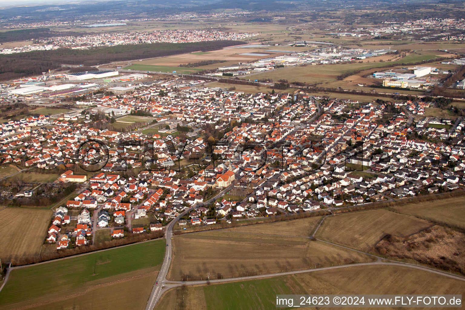 District Karlsdorf in Karlsdorf-Neuthard in the state Baden-Wuerttemberg, Germany seen from above