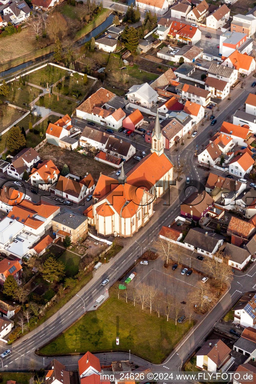 Aerial view of Church building in the village of in Karlsdorf-Neuthard in the state Baden-Wurttemberg, Germany