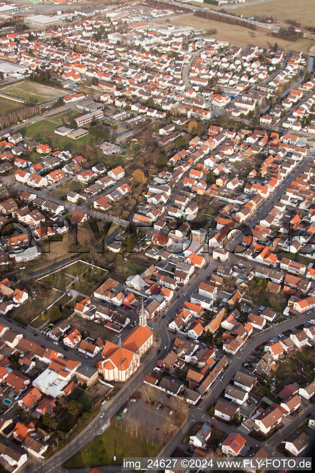 District Karlsdorf in Karlsdorf-Neuthard in the state Baden-Wuerttemberg, Germany from the plane