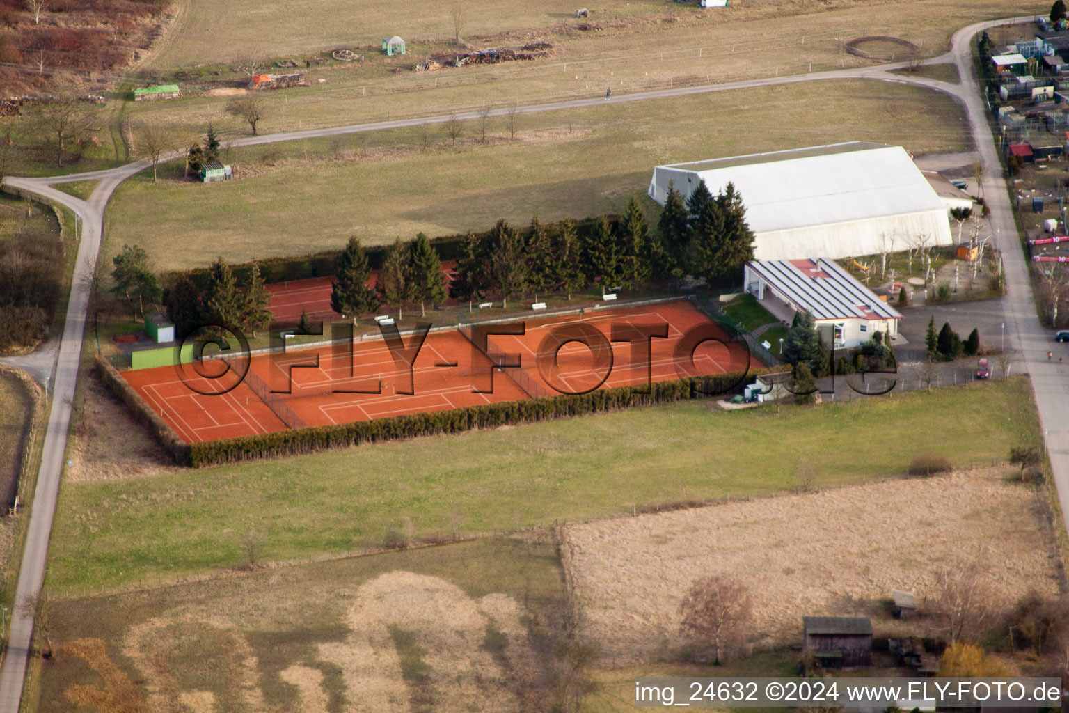 Aerial view of Tennis club in the district Karlsdorf in Karlsdorf-Neuthard in the state Baden-Wuerttemberg, Germany