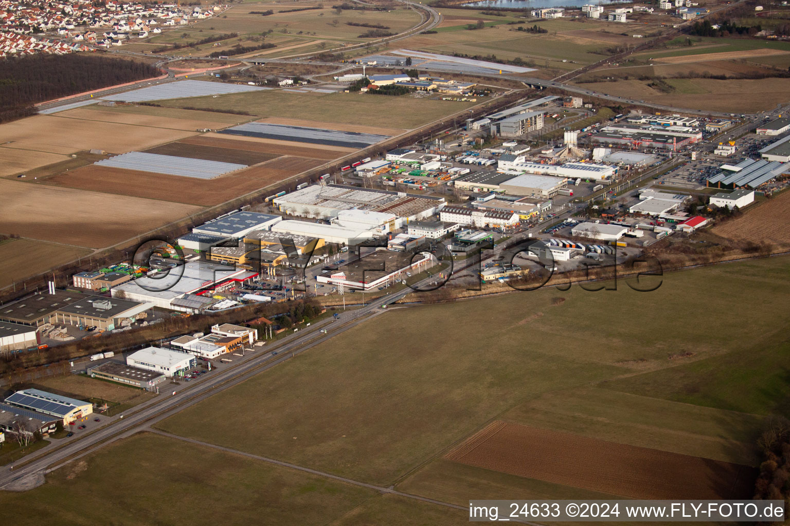 Aerial view of Industrial area Am Mantel in Bruchsal in the state Baden-Wuerttemberg, Germany