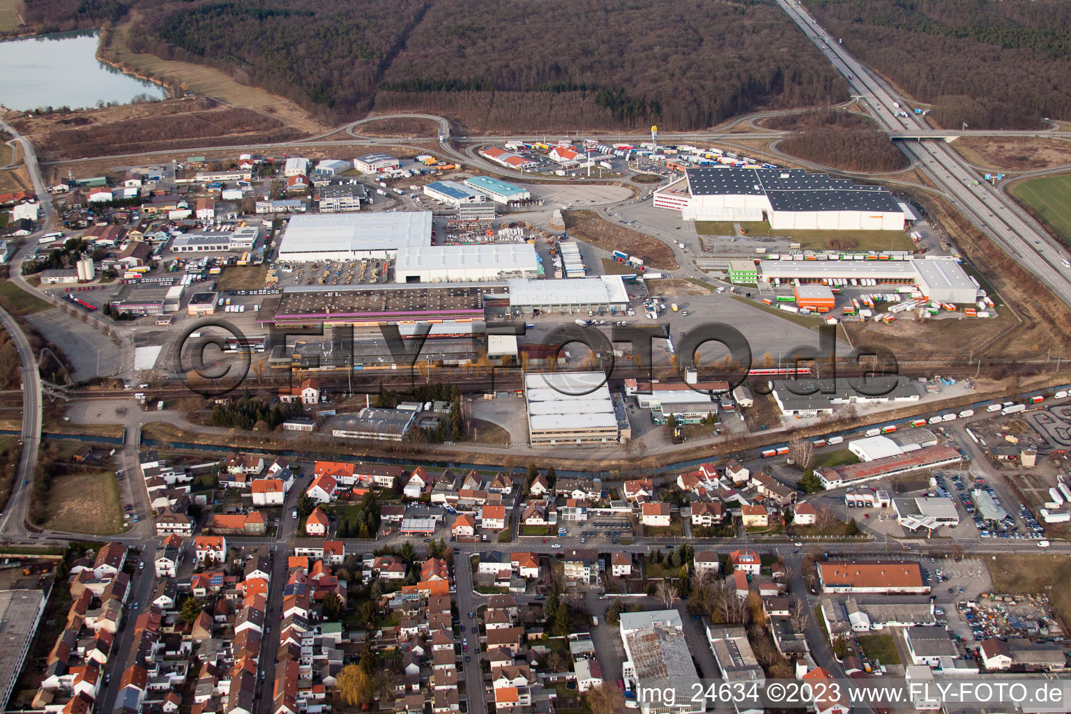 Industrial area on the highway in the district Karlsdorf in Karlsdorf-Neuthard in the state Baden-Wuerttemberg, Germany