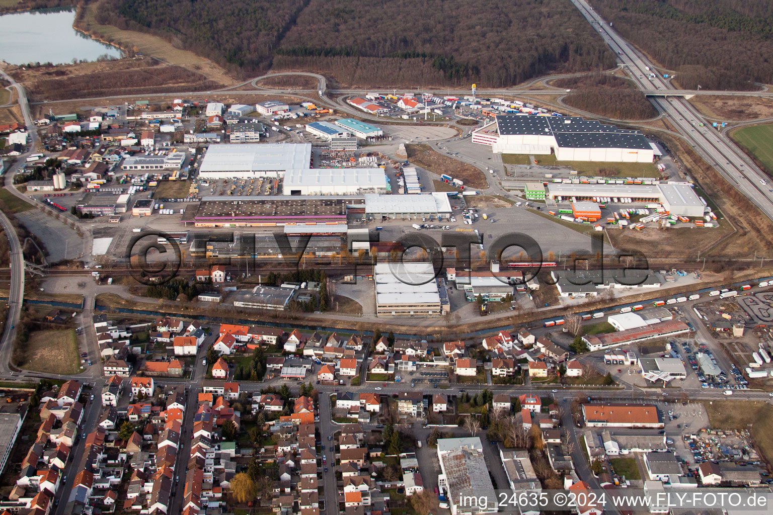 Aerial view of Industrial area on the highway in the district Karlsdorf in Karlsdorf-Neuthard in the state Baden-Wuerttemberg, Germany