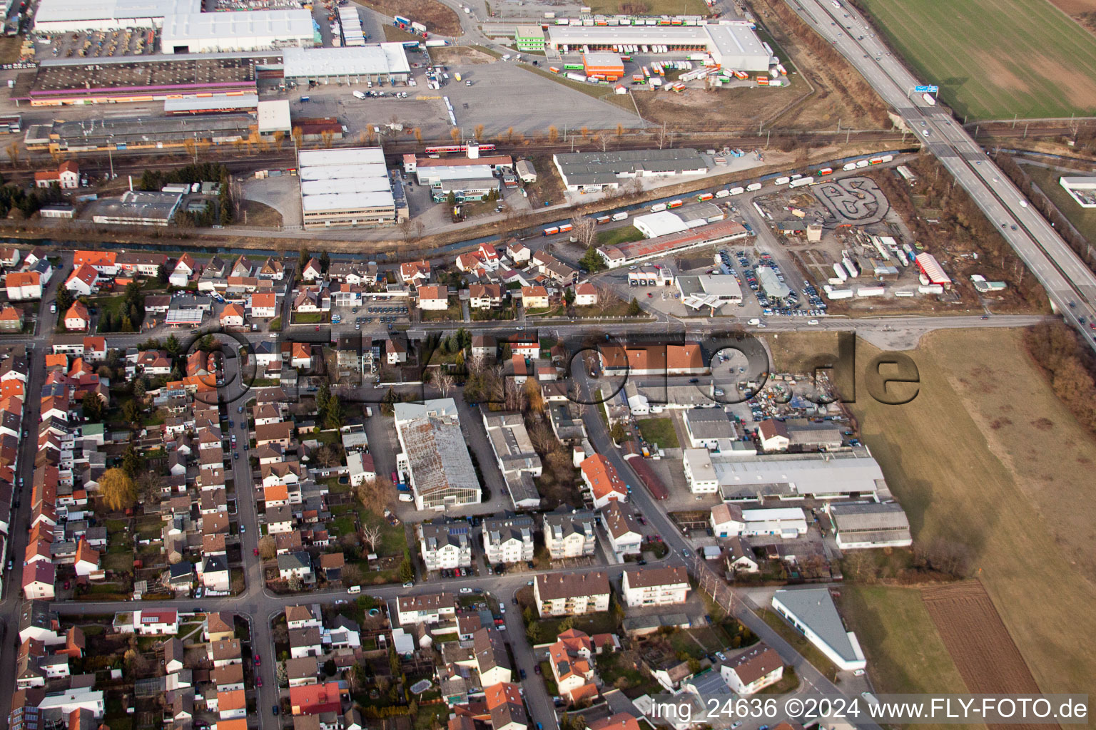 Aerial photograpy of Industrial area on the highway in the district Karlsdorf in Karlsdorf-Neuthard in the state Baden-Wuerttemberg, Germany